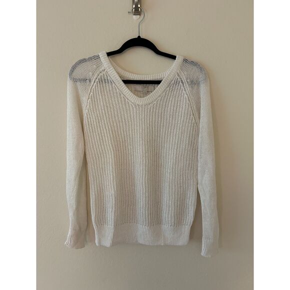 LOFT‎ Womens White 100% Linen Knit Ribbed Sweater Size S - Picture 1 of 5